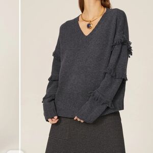 Jason Wu Charcoal V-Neck Sweater with Fringe